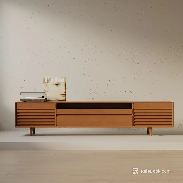 Modern Minimalist Light Brown Side Cabinet With Slatted Doors Photo Frame And Books On Top 3d model 