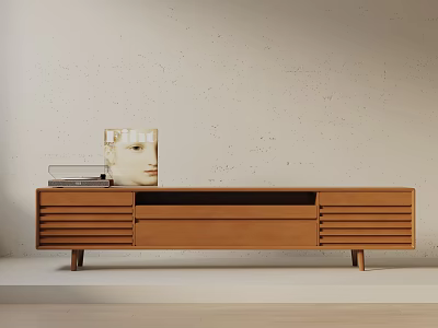 Modern Minimalist Light Brown Side Cabinet With Slatted Doors Photo Frame And Books On Top 3d model