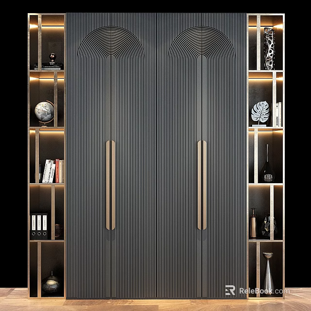 Modern Black Striped Storage Cabinet With Gold Handles Display Shelves And Decorative Items 3d model 