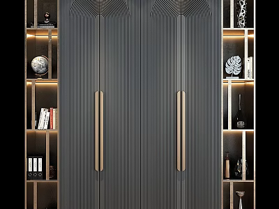 Modern Black Striped Storage Cabinet With Gold Handles Display Shelves And Decorative Items 3d model