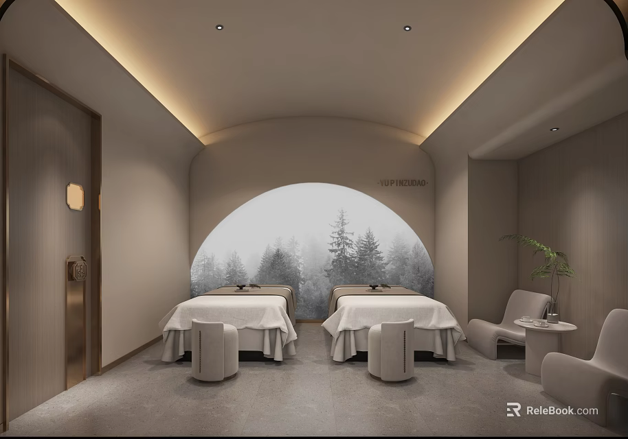 Relaxing SPA Sauna Room with Two Massage Beds Snowy Forest Wall Art and Comfortable Chairs 3d model 