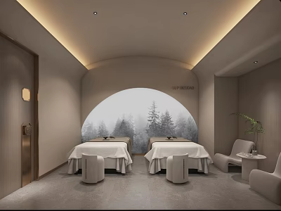 Relaxing SPA Sauna Room with Two Massage Beds Snowy Forest Wall Art and Comfortable Chairs 3d model