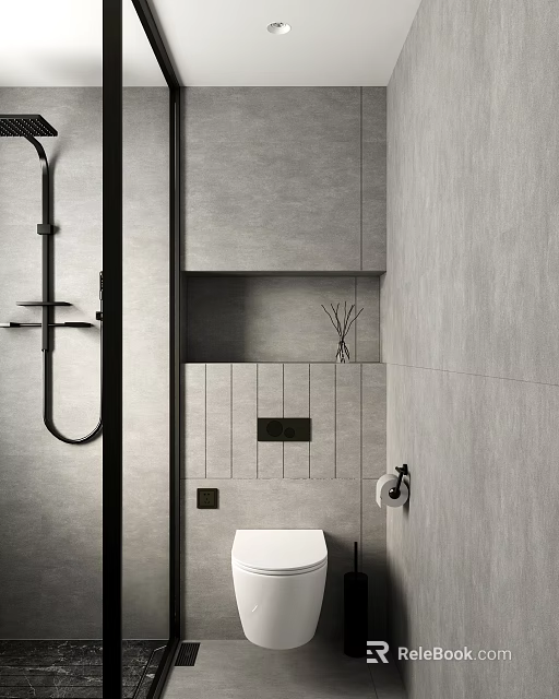 Modern Bathroom Interior With Gray Tile Walls Black Shower Toilet Wall-mounted Storage And Decorative Branches 3d model 