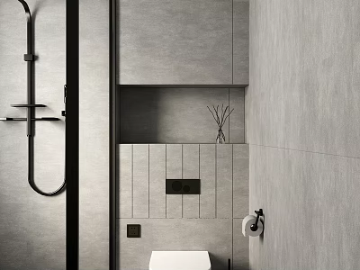 Modern Bathroom Interior With Gray Tile Walls Black Shower Toilet Wall-mounted Storage And Decorative Branches 3d model