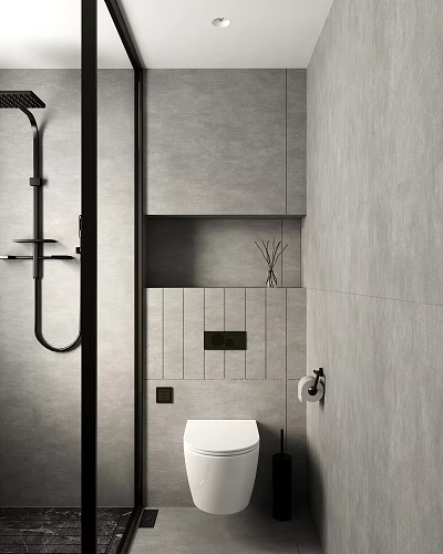 Modern Bathroom Interior With Gray Tile Walls Black Shower Toilet Wall-mounted Storage And Decorative Branches 3d model