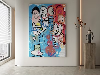 Vibrant Abstract Painting with Colorful Hues Playful Figures and Bold Lines in Modern Interior 3d model