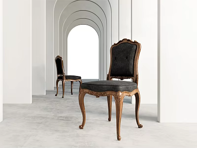 Vintage Leisure Chair With Carved Wooden Legs Dark Upholstery In Elegant White Arched Corridor 3d model