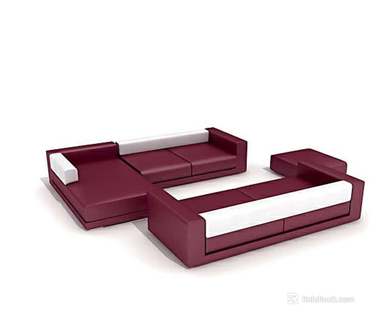Modern Maroon And White Sectional Sofa Set With Ottoman And Chaise 3d model 