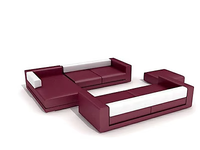 Modern Maroon And White Sectional Sofa Set With Ottoman And Chaise 3d model