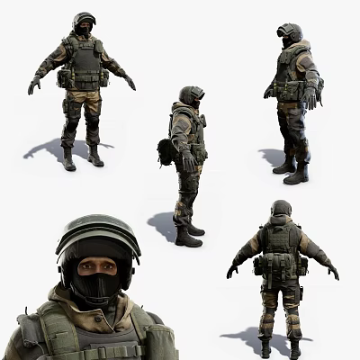Man in Tactical Military Uniform Displaying Multiple Poses with Helmet and Vest Gear 3d model