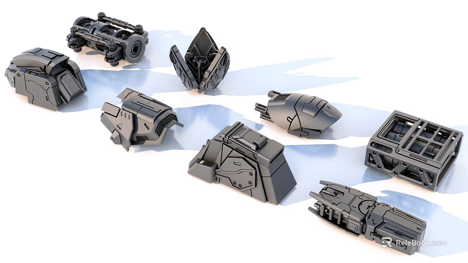 Gray Scifi Mechanical Parts with Various Shapes and Detailed Structures 3d model 