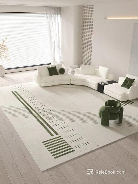 Modern Living Room Interior With White Sofas Green Cushions And Patterned Rug 3d model 