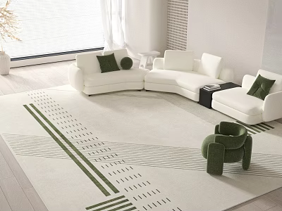 Modern Living Room Interior With White Sofas Green Cushions And Patterned Rug 3d model