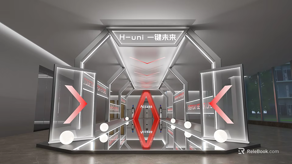 H uni Futuristic Photo Check In Spot With Modern Geometric Design Red Arrows Mirrored Lighting 3d model 