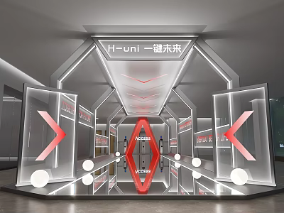 H uni Futuristic Photo Check In Spot With Modern Geometric Design Red Arrows Mirrored Lighting 3d model