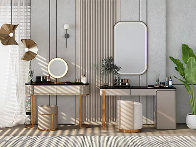Modern Dressing Table With Gold Frame Round Mirror Wall Lamp Stool And Green Plant 3d model