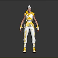 Game Movie Character In Yellow And White Futuristic Outfit With Headpiece Gloves And Boots
