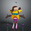 Star Shaped Character in Pink Striped Outfit with Cowboy Hat Goggles and Ski Poles Skiing