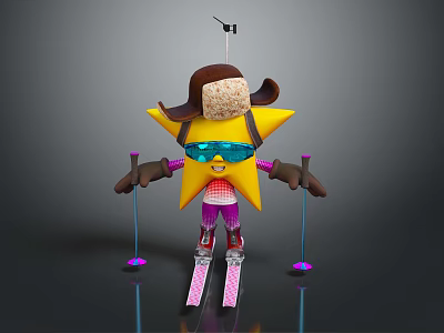 Star Shaped Character in Pink Striped Outfit with Cowboy Hat Goggles and Ski Poles Skiing 3d model