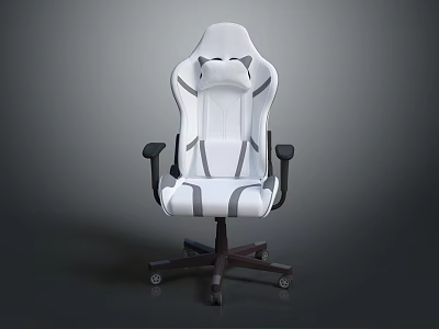 White Gaming Chair with Gray Accents Black Armrests and Brown Wheeled Base 3d model