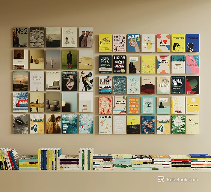Colorful Books And Magazines Display Various Covers Stacked On Home Library Wall 3d model 