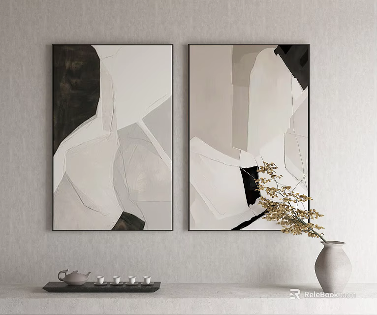 Two Modern Abstract Paintings Black White Gray Hanging On Wall With Vase And Tea Set 3d model 