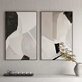 Two Modern Abstract Paintings Black White Gray Hanging On Wall With Vase And Tea Set