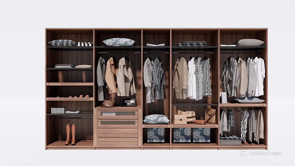 Modern Wooden Wardrobe Interior With Hanging Coats Shirts Shelves Drawers And Storage Boxes 3d model 