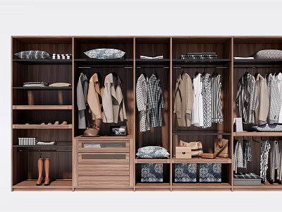 Modern Wooden Wardrobe Interior With Hanging Coats Shirts Shelves Drawers And Storage Boxes 3d model