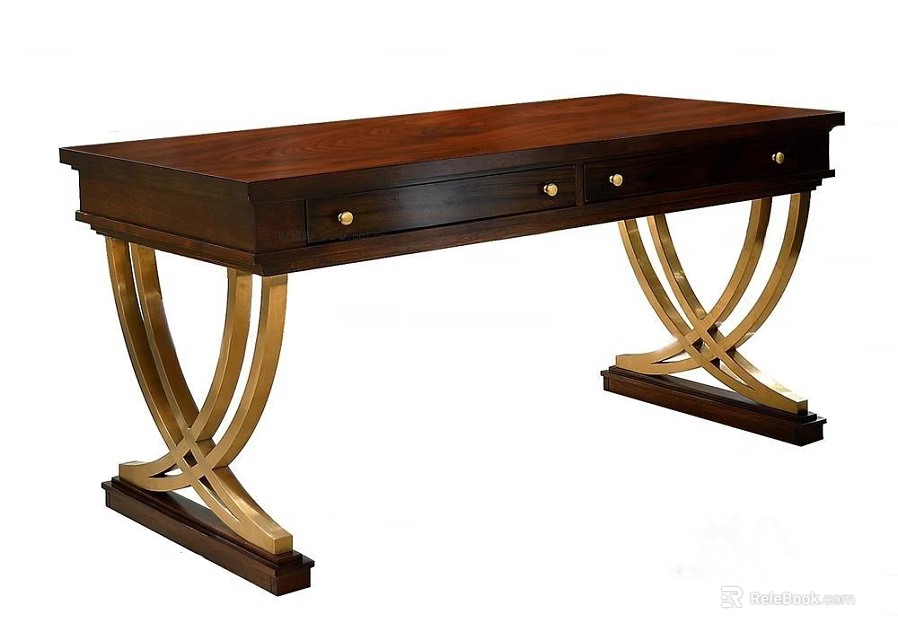 Elegant Dark Wood Desk With Gold Knobs And Metal X Shaped Legs 3d model 
