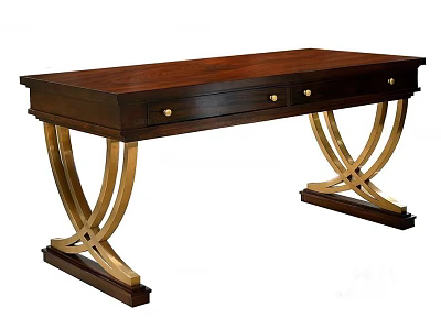 Elegant Dark Wood Desk With Gold Knobs And Metal X Shaped Legs 3d model