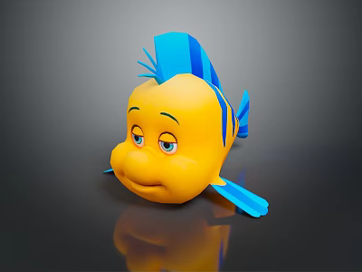 Cute Cartoon Fish With Yellow Body Blue Fins Stripes Big Eyes And Reflection 3d model