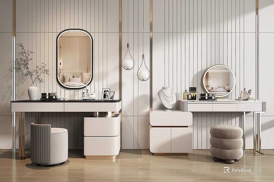 Modern Elegant Vanity Table With Round Mirrors Pendant Lights And Upholstered Stools 3d model