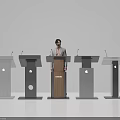 Various Designed Podiums Showcased by Man in Suit With Wooden White Black Gray Finishes
