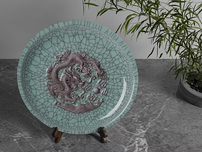 Celadon Plate With Dragon Relief Decorative Ornament Set On Wooden Stand And Bamboo Plant 3d model
