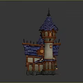 Fairy Tale Cartoon Style Castle Scene With Blue Roofs Spires Lit Windows And Stone Base