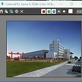 Modern Industrial Factory Building With Red Gate Green Lawn Road Pedestrians And Blue Sky