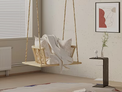 Wicker Swing Leisure Chair with Pillows and Blanket in Room Interior Near Window 3d model