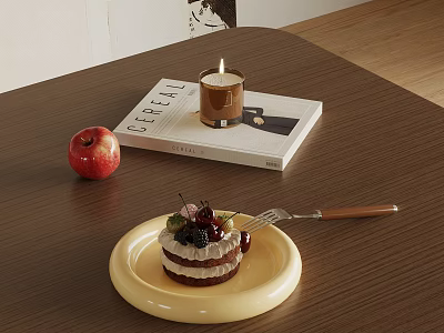 Delicious Layered Cake with Fresh Berries on Yellow Plate and Red Apple Coffee on Table 3d model