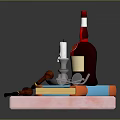 Decorative Tray Setup With Red Cap Bottle Candle Brown Pipes And Colorful Books