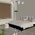 Cozy Bedroom Interior With White Bed Wooden Blinds Chandelier Rug And Stuffed Toys