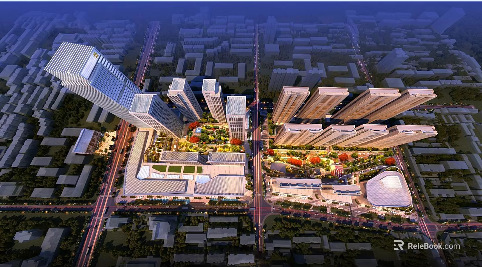Aerial Planning of Modern Urban District with High rise Buildings Residential Areas and Green Spaces 3d model 