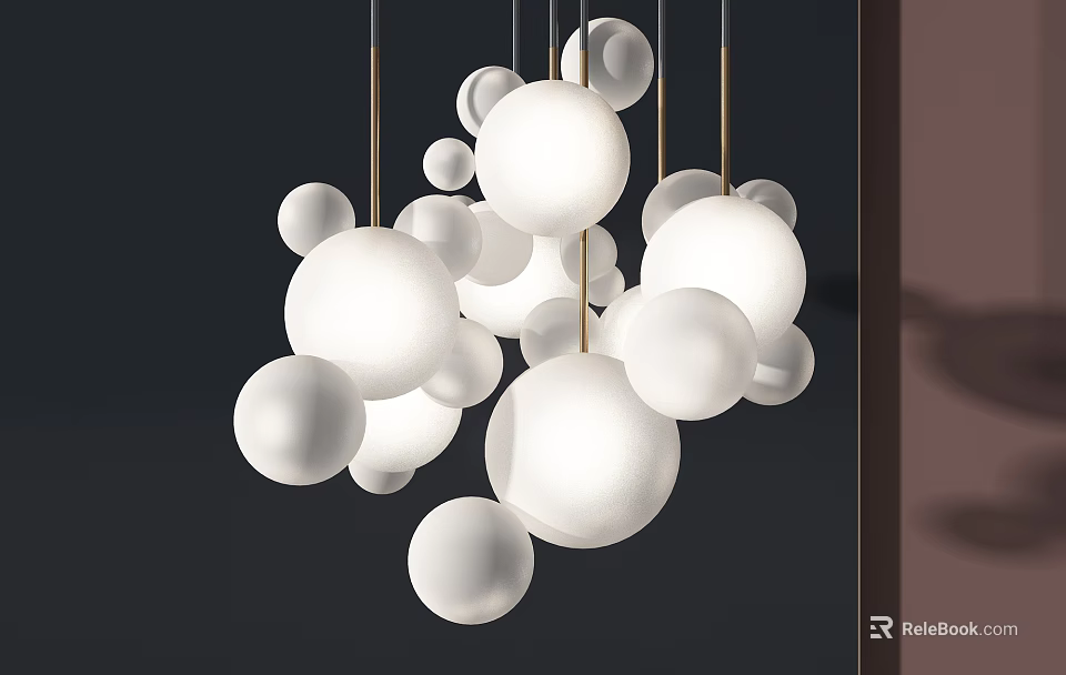 Modern Minimalist Chandelier With White Spherical Shades And Golden Hanging Wires 3d model 