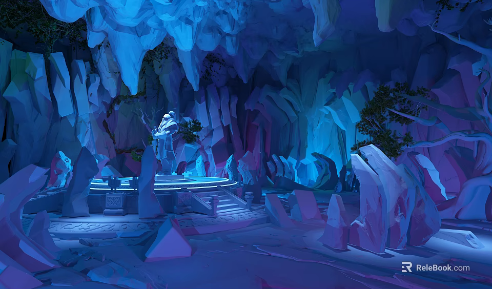 Enchanting Cave Landscape With Luminous Blue Purple Light Stalactites Stalagmites And Trees 3d model 