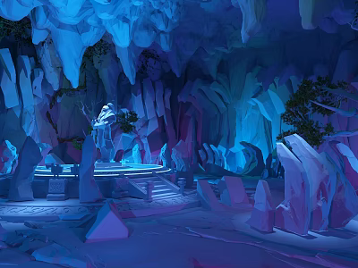 Enchanting Cave Landscape With Luminous Blue Purple Light Stalactites Stalagmites And Trees 3d model