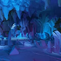 Enchanting Cave Landscape With Luminous Blue Purple Light Stalactites Stalagmites And Trees
