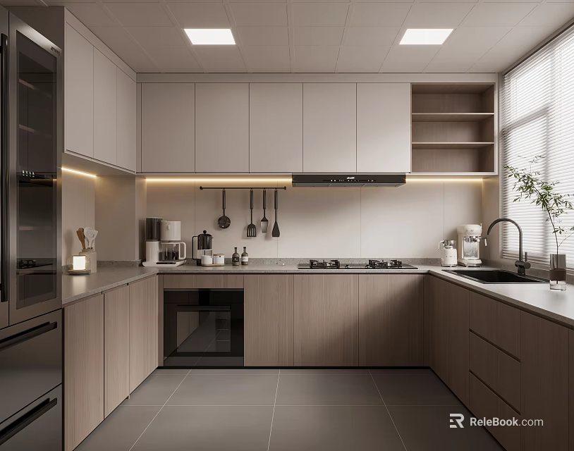 Modern Kitchen Interior Design With Light Cabinets Countertop And Stainless Appliances 3d model 