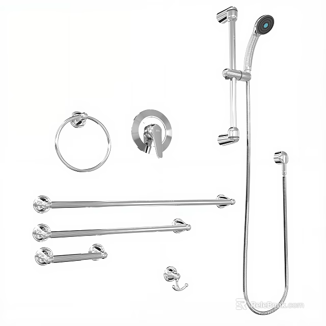 Chrome Shower Fixture Set With Towel Ring Bars And Faucet For Bathroom 3d model 
