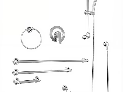 Chrome Shower Fixture Set With Towel Ring Bars And Faucet For Bathroom 3d model