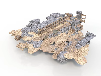Modern 3D Terrain Model Featuring Rocks Wooden Bridges And Sandy Ground 3d model